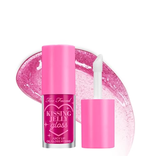 Too Faced Kissing Jelly Lip Oil + Gloss | Hydrating Lip Serum Treatment with Jojoba Oil for Instant Moisture and Glossy Shine, 0.15 Fl Oz, Raspberry