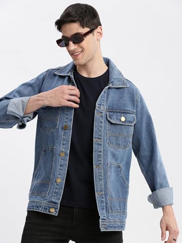 Image of SHOWOFFFF Men Solid Denim Jacket | Spread Collar Full Sleeves Denim Jacket for Mens | Slim Fit Regular Length Jacket for Men's