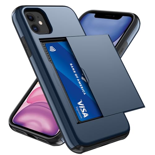 Qinmay Compatible with iPhone 11 Case with Card Holder, Dual Layer Shockproof,Heavy Duty Protective Hidden Slot Slim Wallet Phone Cover，Blue