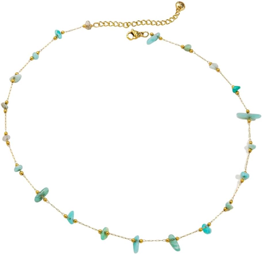 Handmade Green Amazonite Pearl Choker Necklace for Women Natural Gemstone Chain 18K Gold Summer Jewelry Birthday Christmas Gift for Women 18inch Valentine Gift for Her