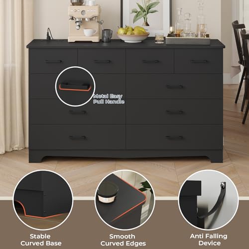 DICTAC Black Dresser for Bedroom with 10 Drawers, Large Chest of Drawers Storage Organizer, Long Dresser TV Stand with Power Outlets, Wide Dressers for Bedroom, Living Room 55.1\" W x 32.3\" H x 15.8\" D - Thumbnail 5