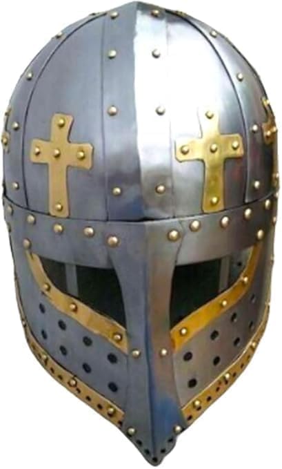 Medieval Crusader Spectacle Helmet, 18 Gauge Steel, Full Size Adult Costume Armor with Brass Cross