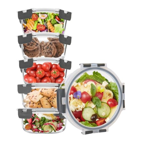 6 Pack, 21oz Round Glass Food Storage Containers with Airtight