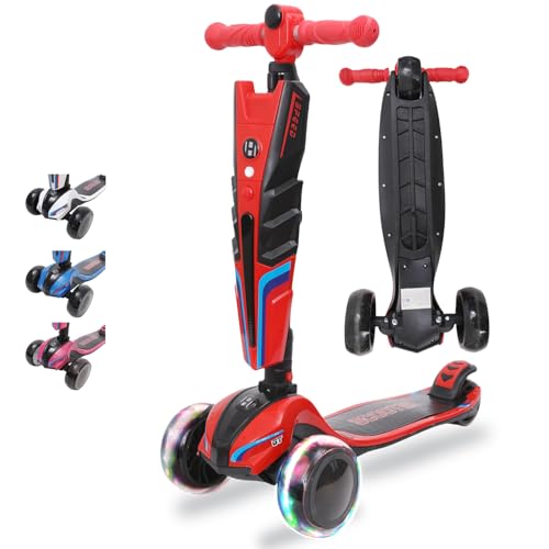 Patinete infantil con luces LED, 3 ruedas, plegable, altura ajustable, para niñas y niños, 3 – 12 años, hasta 100 kg, color rojo