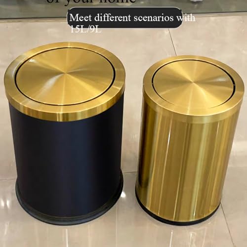 Image of 4 Gallon Black Gold Bathroom Trash Can, Stainless Steel Waste Basket, Large Capacity Garbage Can, for Bedroom Kitchen Office Hotel (Black)
