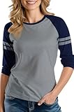 URBAN CREST Stripped Raglan Shirts for Women - Baseball Jersey Womens 3/4 Long Sleeves Baseball Tee Shirts- Heather Gray & Navy Blue Striped Raglan-[40041044]- Large