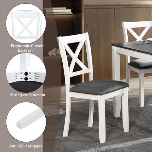 Harper & Bright Designs 5-Piece Wood Dining Table Set for 4, Kitchen Furniture Set with 4 High Back Upholstered Dining Chairs for Small Places,White+Gray