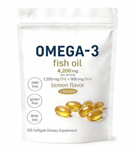 Omega 3 Fish Oil Supplements 4200mg Per Serving, 120 Softgels – Lemon Flavored – Burpless | EPA 1200mg + DHA 900mg | Deep Sea Fish