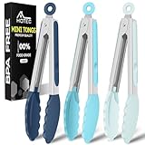 Hotec Mini Silicone Kitchen Tongs for Cooking - 7-Inch Small Serving Tongs with Silicone Tips, Set of 3 (Blue)