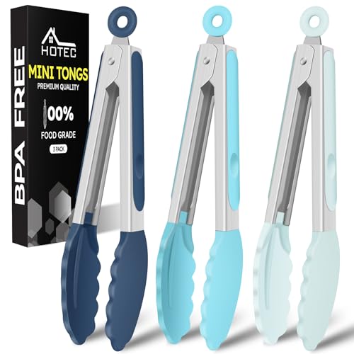 Hotec Mini Silicone Kitchen Tongs for Cooking – 7-Inch Small Serving Tongs with Silicone Tips, Set of 3 (Blue)