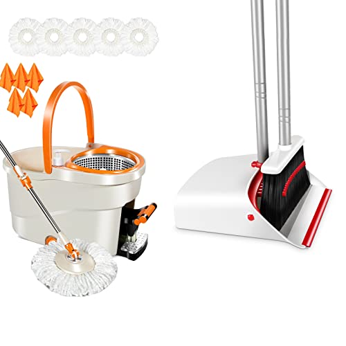 Mastertop Foot Pedal Spin Mop And Bucket With Wringer Set & Broom And Dustpan Set #TOP17