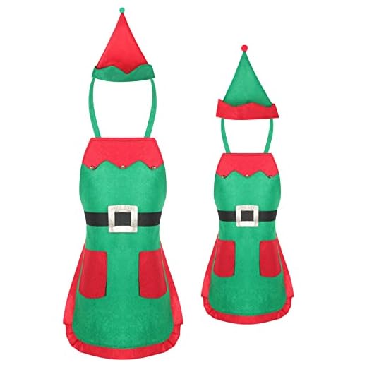 4 Pieces Christmas Elf Apron and Hat Set, Including Christmas Elf Aprons Non-woven Fabric Kitchen Apron, Christmas Elf Hat for Christmas Party Costume Kitchen Painting Cooking Supplies