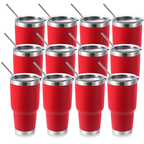 Volhoply 30oz Insulated Tumbler with Lid and Straw, Double Wall Inner & Outer 304 Stainless Steel Tumblers Bulk, Powder Coated Coffee Cup for Office, Home, Travel (Red,12 Pack)