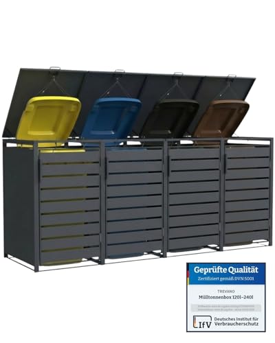 TREVANO Mülltonnenbox 4er 240l - Mülltonnenverkleidung 4 Tonnen Anthrazit - Robustes Mülltonnenhaus aus Stahl - Wetterbeständige Müllboxen für 4 Tonnen - Mülltonnen Unterstand 120l-240l
