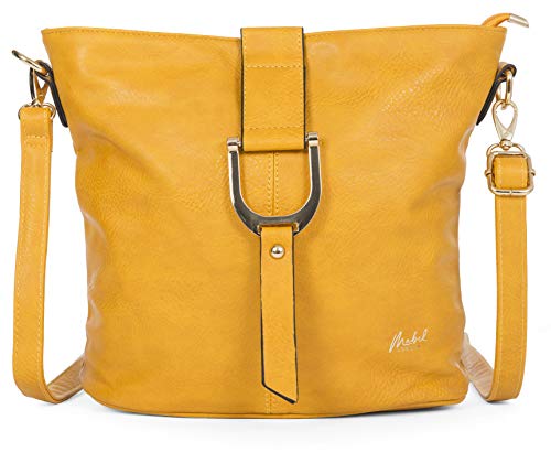 Mabel London Women’s Vegan Leather Crossbody Shoulder Bag – Medium Everyday Tote with Horseshoe Buckle & Zip Pocket – Fran (Mustard)