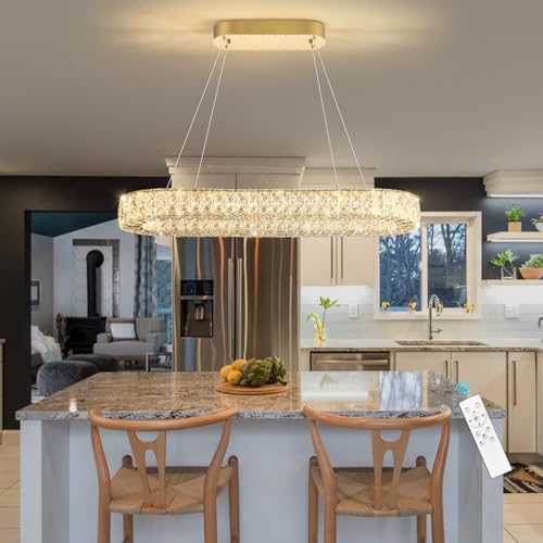 YLKP Modern Crystal LED Chandelier Dimmable Oval Chandeliers Rectangular Dining Room Light Fixture with Remote for Living Room Kitchen Island Gold by YLKP - Image 2