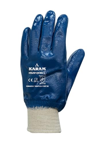 Image of KARAM HS201(KW) Nitrile Fully Coated Safety Glove with Knit Wrist | Excellent Flexibility & Dexterity | Oil Repellent, Abrasion Resistant Work Gloves | Size-L | Pack of 3