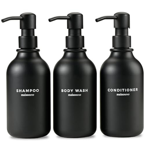 MaisoNovo Shampoo Flaschen zum befüllen - Duschgel Spender - 500-ml-Set mit 3 schwarzen Plastikflaschen und schwarzen Pumpen