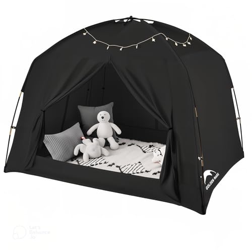Bed Tents for Kids and Adult, Portable 100% Breathable and 93% Blackout Dream Play Tent, 3 Doors Big Privacy Space Sleeping Canopy for Indoor Floor or Twin Full Queen Sizes Bed (Black, Full) by GOLDEN MARS - Used condition - CA$69.83