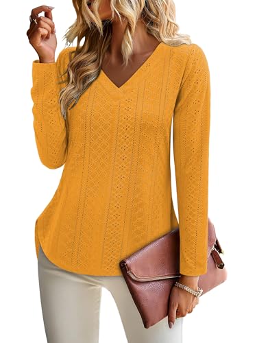KISSMODA Long Sleeve Fall Shirts For Women V Neck Tunic Tops Embroidered Button Down Knitted Blouses 2025