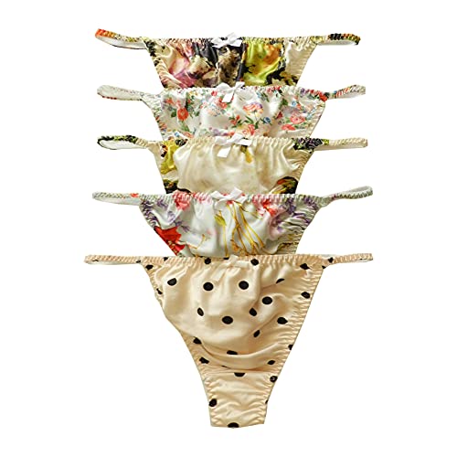 Yavorrs 5Pcs Women's Silk G-Strings Thongs Flower Panties Size S M L Xl 2Xl (S, Multicoloured) #TOP14