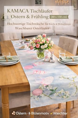 KAMACA Tischläufer Osterfreude – 40x150 cm Läufer für Frühling & Ostern – Zartes Ostereier-Motiv in Pastell – Hochwertige Tischwäsche waschbar für Küche & Wohnzimmer