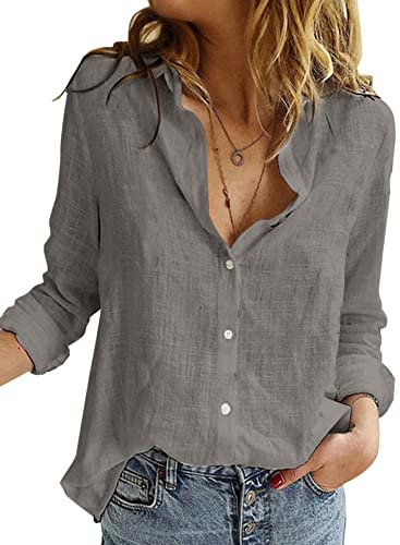 BLENCOT Damen Bluse Langarm Hemden Casual V-Ausschnitt Roll Up Ärmel Button Down Blusen Tops,XXL,Grau-2