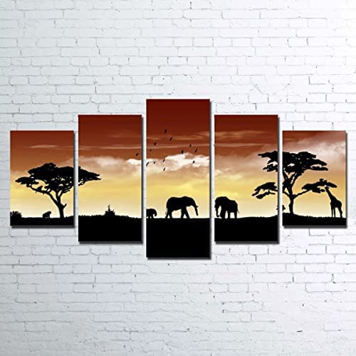 Generic5 Pieces Canvas Wall Art Elephant Prints Animal African Sunset Elephant (Xxl/Without Frame 200 X 100 Cm) Wall Decor Modern Artwork Painting Rustic For Home Office Living Room Gallery Canva -9Z2V+Y2Y