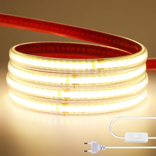 HEGEHE - Striscia LED COB 220V, flessibile impermeabile IP65, 288 LED/m Striscia LED FCOB CRI90+, tagliabile ogni 10 cm, installazione con biadesivo [3 metri, bianco naturale 4000K]
