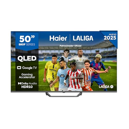 Haier QLED 4K UHD H50S80FUX - 50, Smart TV, Google TV, Dolby Audio, HDR 10, Smart Remote Control, Google Assistant, Bluetooth 5.1, Gaming Accelerator, USB 2.0, DBX TV, HDMI 2.1 x 4, Sin Marcos, 2025