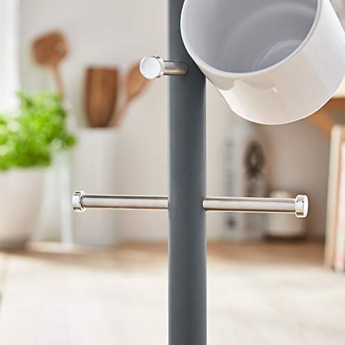 Tower T826032G Kitchen Mug Tree, Scandi Range, Stainless Steel Arms, Anti Slip Base, Matte Plastic with Wood Effect Accents, Grey, 6 Branches
