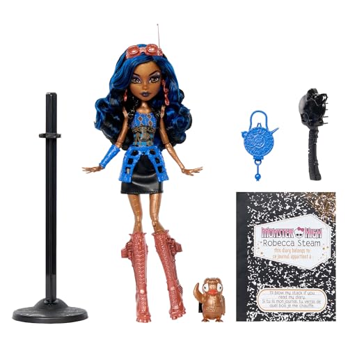 Monster High Gruselige Reproduktion der ursprünglichen Puppe, Robecca Steam-Puppe, reproduzierte Sammelfigur-Nachbildung mit Puppenständer, Tagebuch und Haustier, Pinguin Captain Penny, JHK59