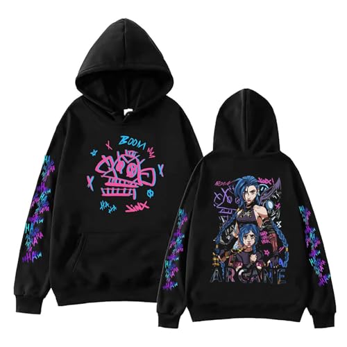 Arcane League of Legends Jinx Hoodie Front & Back Art Adult Black Crew Neck Pullover Tops Sweatshirt Arcane Merch