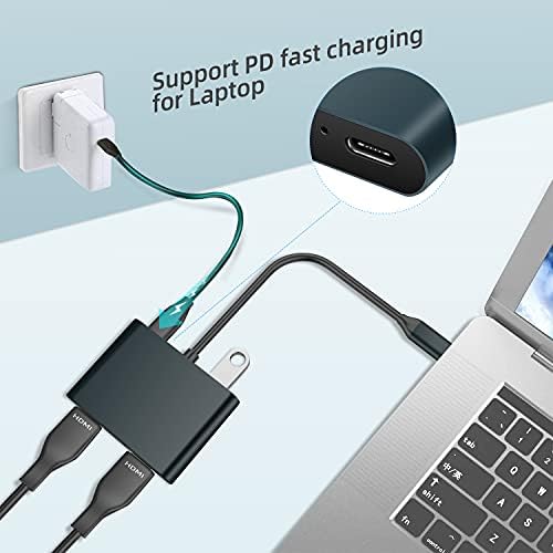 USB C to Dual HDMI Adapter 4K 60hz, 4 in 1 Type C to Dual HDMI, USB 3.0 Port, USB C PD Charge Compatible with MAC OS, Windows, Android, Linux USB C Device