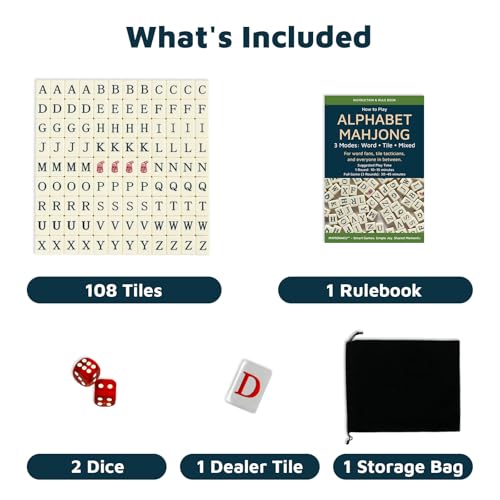 MAMONAKU Alphabet Mahjong Tile Set – English Word Mahjong Game Set for Adults & Teens – 108 Mahjong Tiles, Dice, Dealer Tile, Rulebook & Bag - Image 5