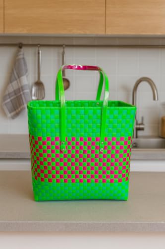Image of Hand Made Multipurpose Plastic Basket with Lid | Eco-Friendly, Washable, Rust-Free Storage Basket for Kitchen, Picnic, Toys, Travel, Office | Lightweight basket (Green with Pink, M)