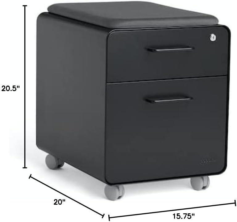 Poppin Mobile Mini Sittable Stow Rolling File Cabinet - Black with Black Seat Cushion. Two Locking Drawers and One Key Lock. Two Keys Included. One Utility Drawer and One Hanging File Drawer