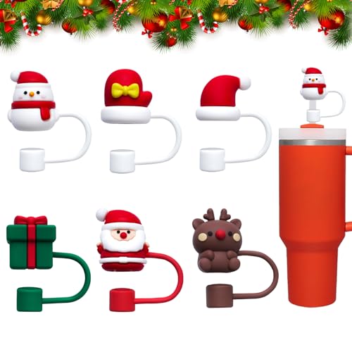 Christmas Straw Covers Cap 6 Pcs for Stanley Cup 30&40 Oz, Tumbler, Water Bottle Silicone Straw Topper Fits 10mm Reusable Straws, Christmas Gifts Decorations