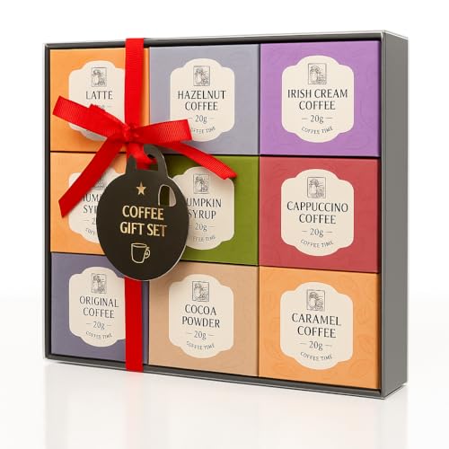 Coffee Gift Set – 9 Flavoured Instant Coffees + Pumpkin Spice Syrup & Stencil | Latte, Mocha, Caramel, Hazelnut, Irish Cream | Ribbon-Box Gift for Coffee Lovers, Christmas, Birthday, Secret Santa
