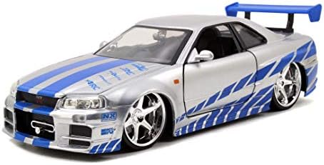 Jada Toys Fast & Furious Brian’s 2002 Nissan Skyline R34 Die-cast Car, 1:24 Scale, Silver & Blue
