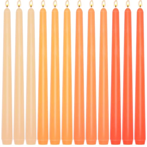 12-Pack Gradient Orange Taper Candles 10 Inch Unscented Dripless Candlesticks Long-Lasting Burn Time of 7-8 Hours Perfect for Fall Harvest Halloween Thanksgiving Dinners Parties and Home Dcor