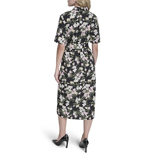 Image of DKNY Women's Short Sleeve Cotton Poplin Collared Midi Shirtdress