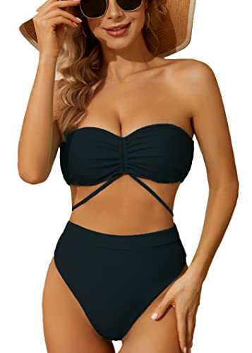 Yutdeng Bikinis Mujer Braga Alta Push Up sin Tirantes con Relleno Bikini Bandeau con Cordón Bañadores Mujer Natacion Tanga Bikini Brasileño Biquini Trajes de Baño Dos Piezas,Negro,S