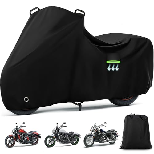 Image of Motorcycle Cover Waterproof for Kawasaki Vulcan S 650 /900 /1500, Heavy Duty Outdoor Sun UV Rain Dust All Weather Protection Motorbike Cover with Soft Cotton Lining & Lock Hole-Black