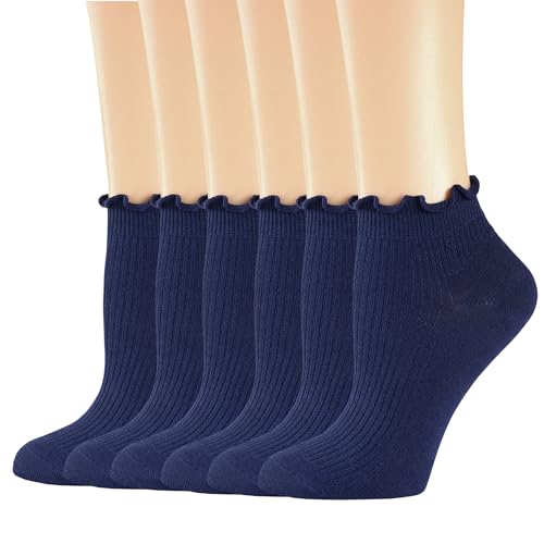 Image of Mcool Mary Womens Ankle Ruffle Socks Casual Cotton Frilly Breathable Cute Knit Lettuce Trim No Show Socks 6 Pack