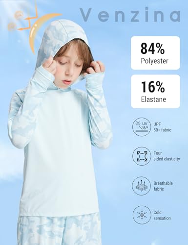 Image of Venzina UPF 50+ Kids Camo Print Hoodie Quick Dry Long Sleeve Sun Protection Shirt Boys & Girls Sport Top for Running, Dancing & Everyday Wear, Blue, 120cm
