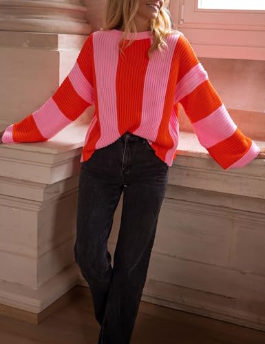 InterNos Womens Striped Bell Sleeve Pullover Sweater Loose Color Block Crew Neck Vertical Knitwear4