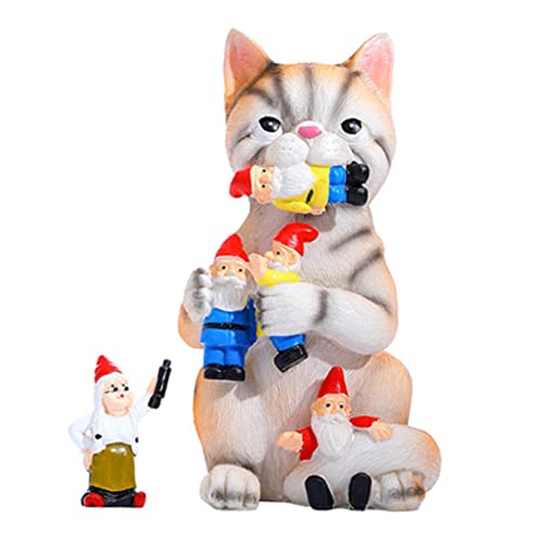 Funny Garden Gnomes,Garden Cat Eating Gnomes Statues,Mischievous Cat, Funny Cat Statue Art Yard Decorations Garden Ornaments Gift