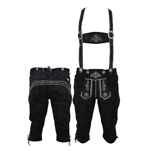 Traditional Bavarian Trachten Lederhosen Black Pants - German Lederhosen with Suspenders- Genuine Suede Leather Oktoberfest Costume