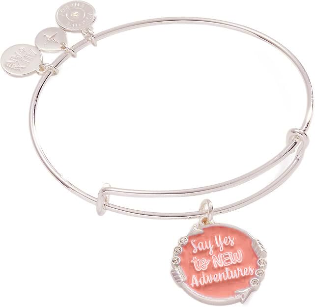 Alex and Ani Say Yes To New Adventures Expandable Bangle Bracelet, Shiny Silver Finish, Pink Charm, 2 to 3.5 in